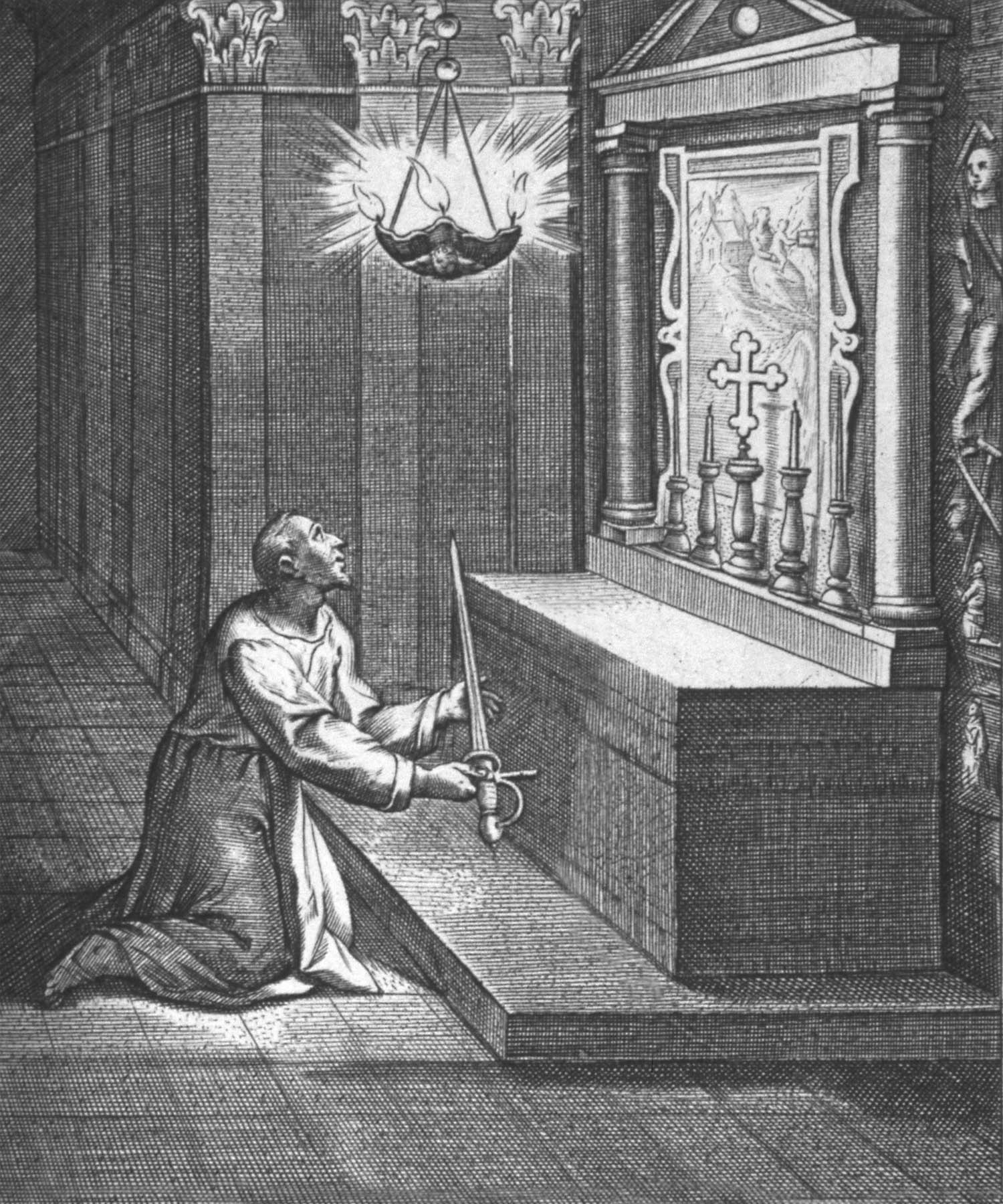 Drawing of St. Ignatius surrendering his sword